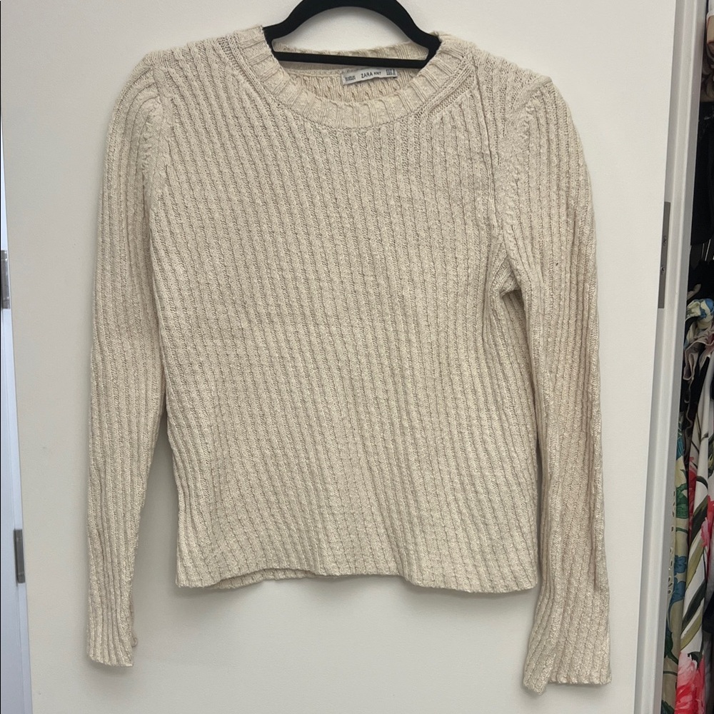 Zara Cream Ribbed Crew Neck Sweater